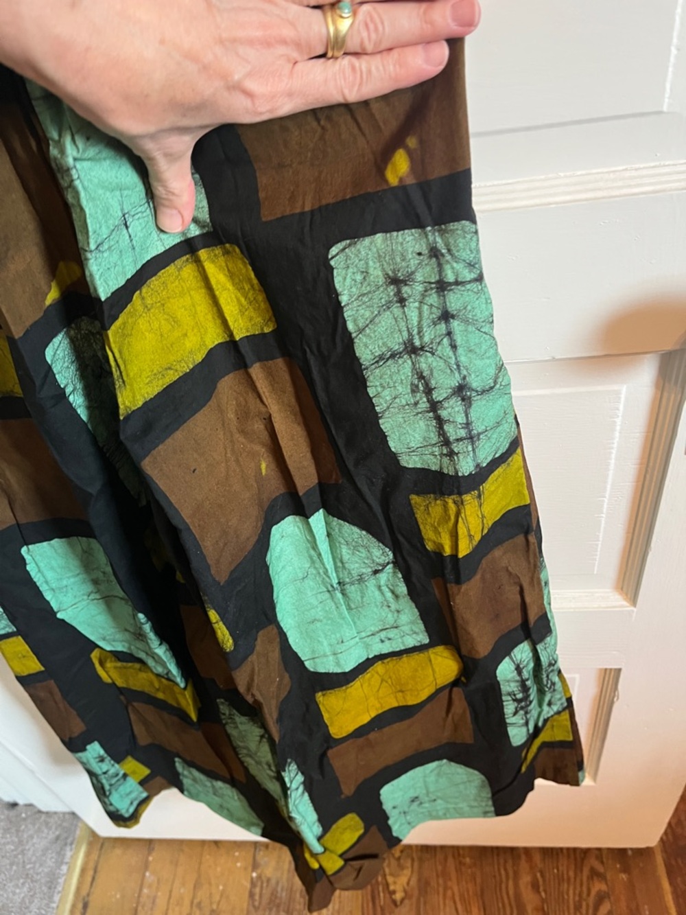 Patterned Square-Print Midi Jumpsuit in Teal, Brown & Yellow - Picture 3 of 7